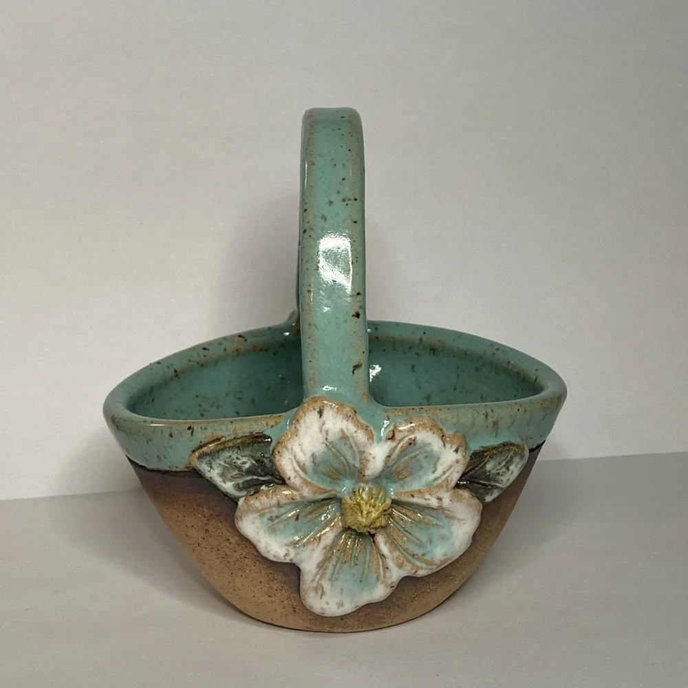 Vtg Old Patagonia Pottery Small Floral Basket Blue Brown 89‎ RARE